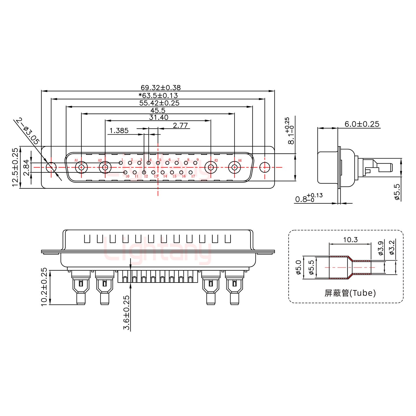 21W4公焊線式50歐姆+37P金屬外殼2185直出線4~12mm