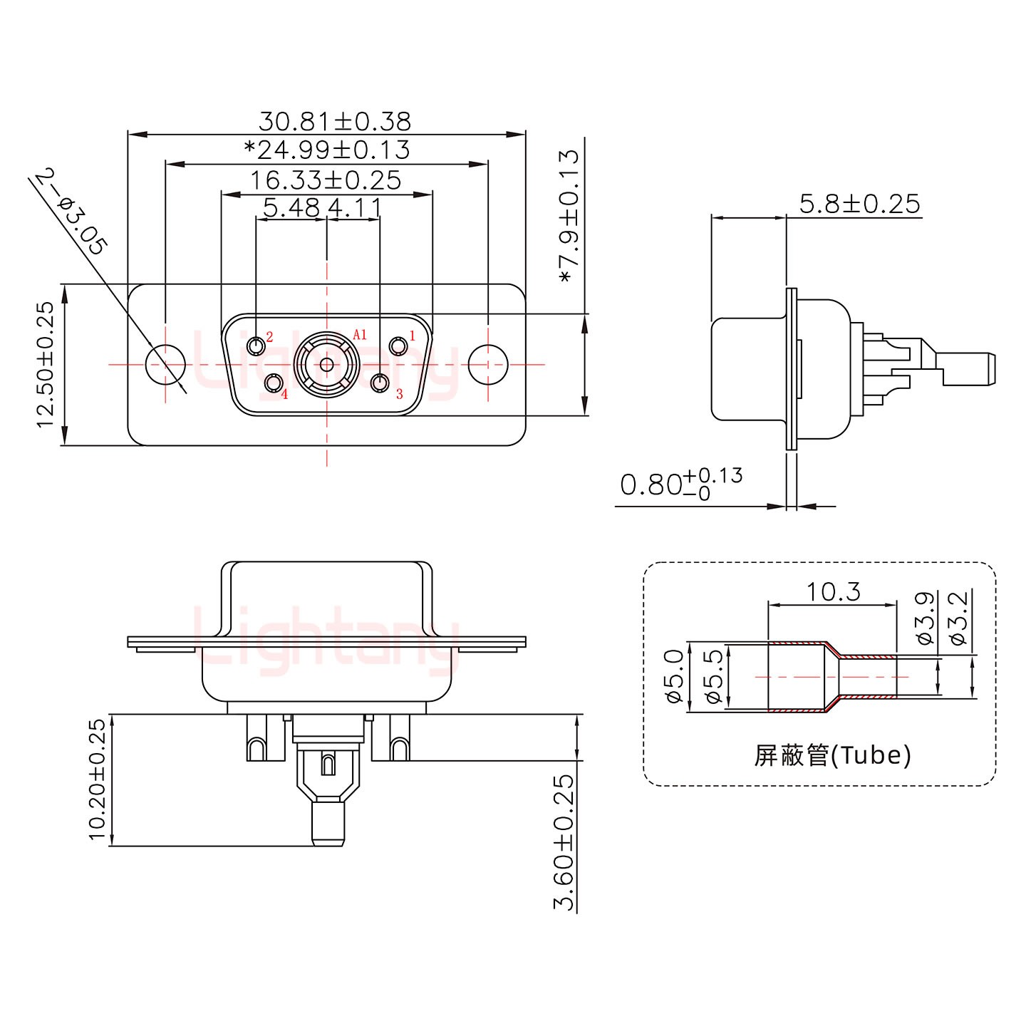 5W1母焊線式75歐姆+9P金屬外殼1707直出線4~12mm