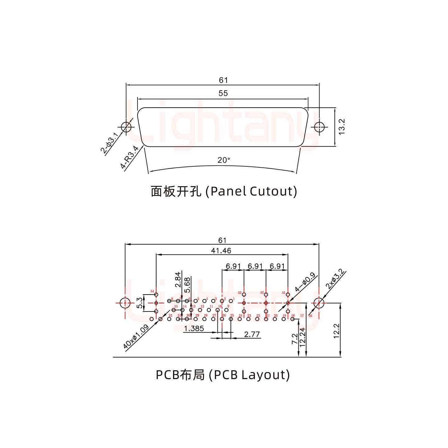 36W4母PCB彎插板/鉚支架12.2/射頻同軸50歐姆