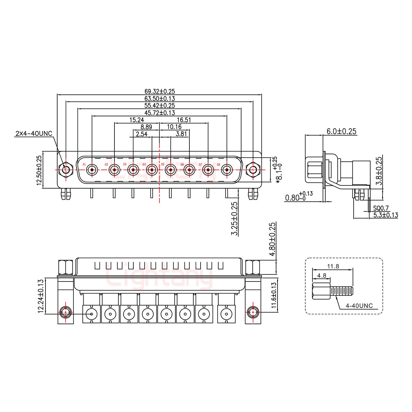 8W8公PCB彎插板/鉚支架11.6/射頻同軸50歐姆