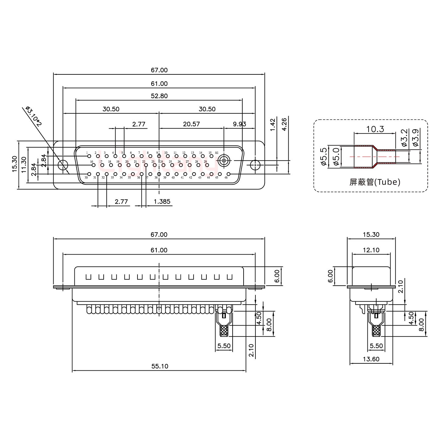 43W2公焊線式75歐姆+50P金屬外殼1746斜出線4~12mm