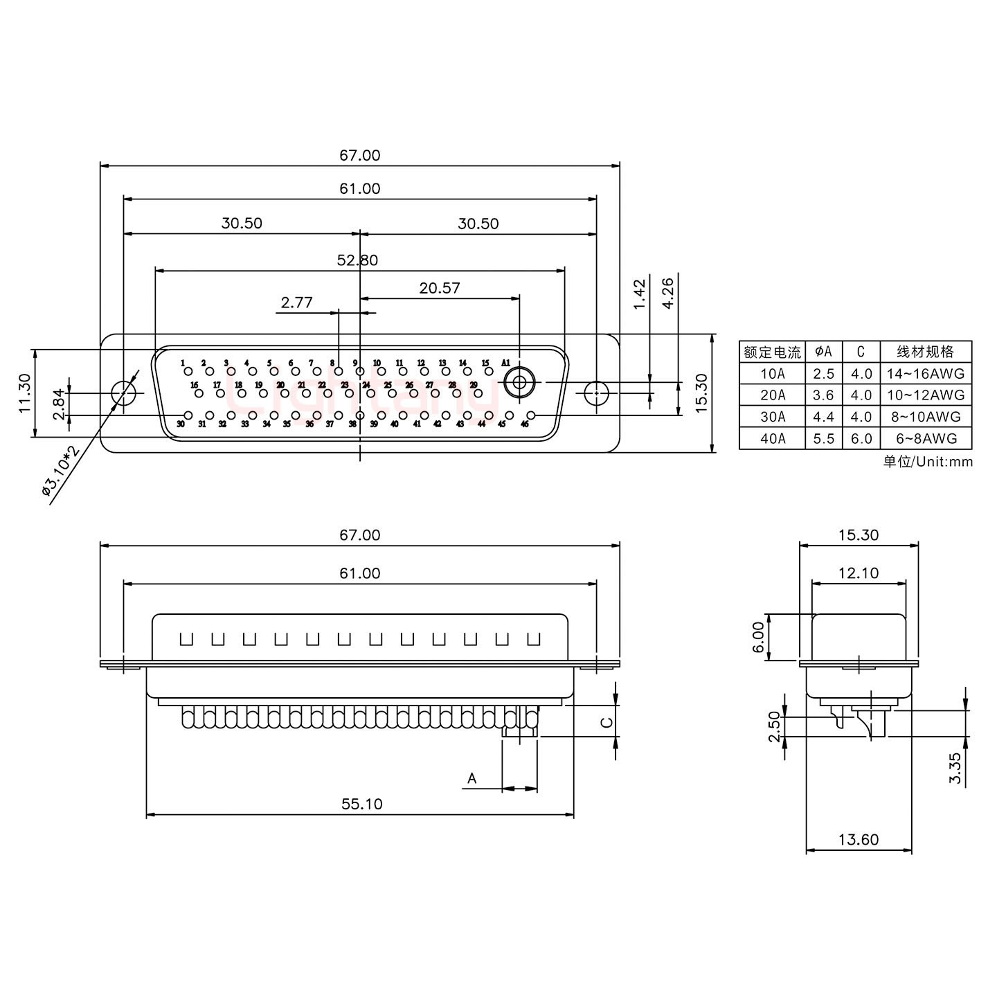 47W1公短體焊線30A+50P金屬外殼2252三個出線孔12mm