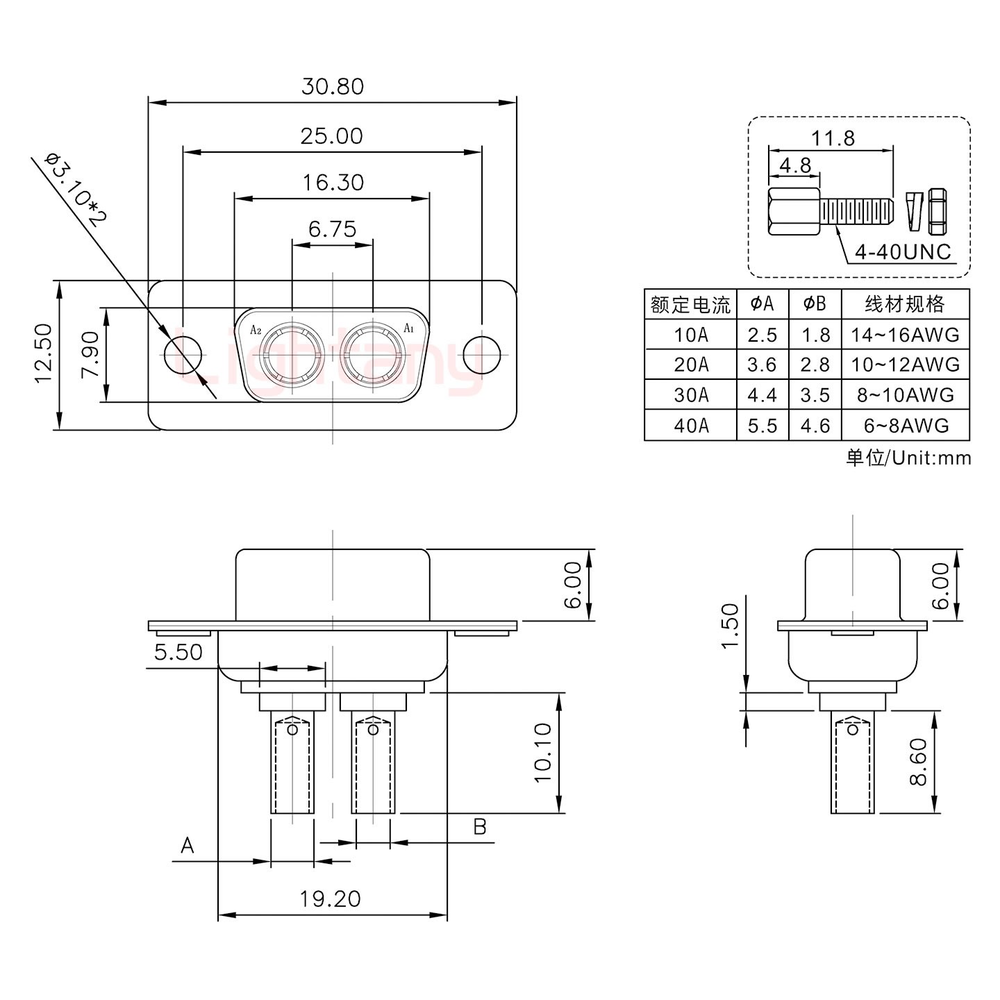 2W2母壓線式/配螺絲螺母/大電流30A