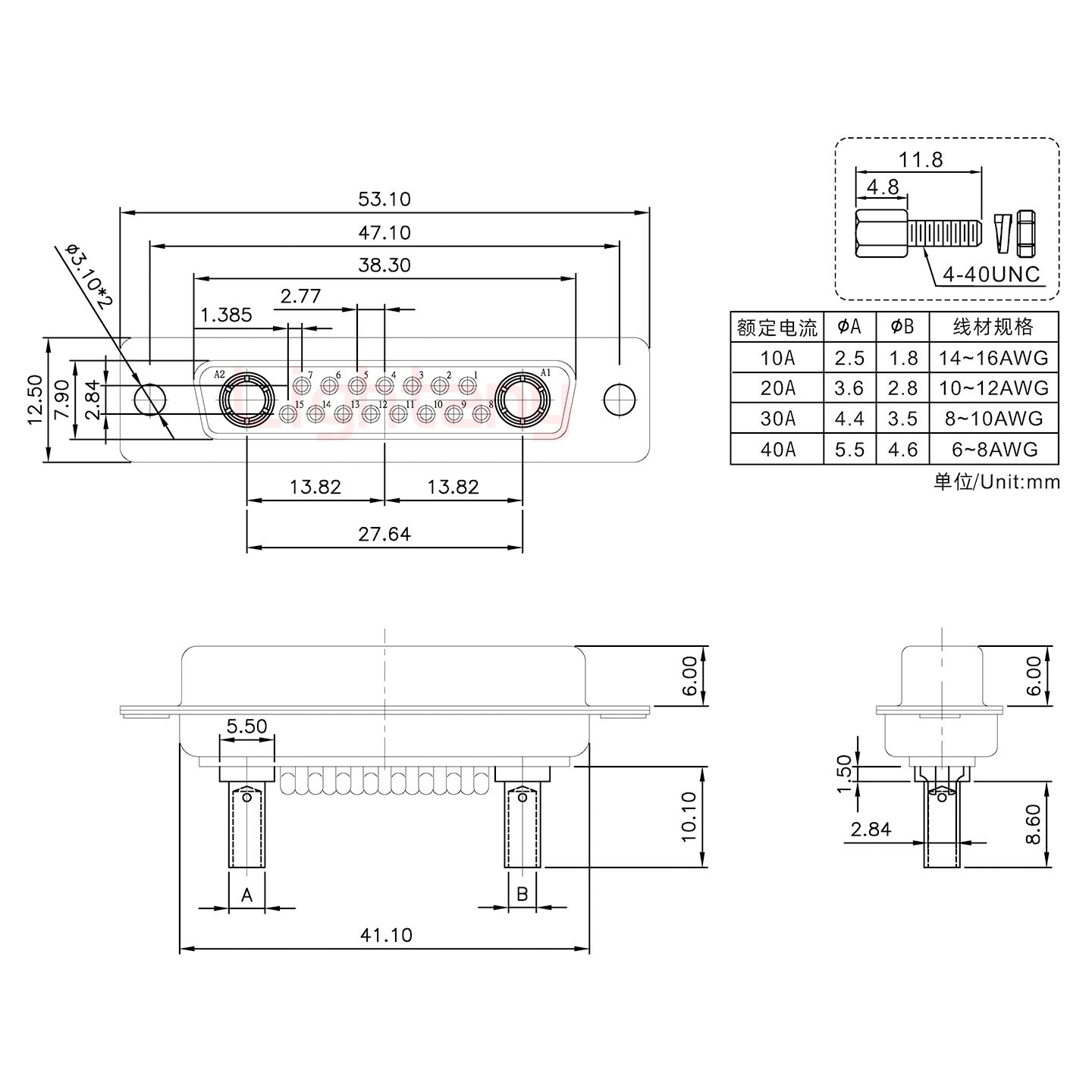 17W2母壓線式/配螺絲螺母/大電流30A