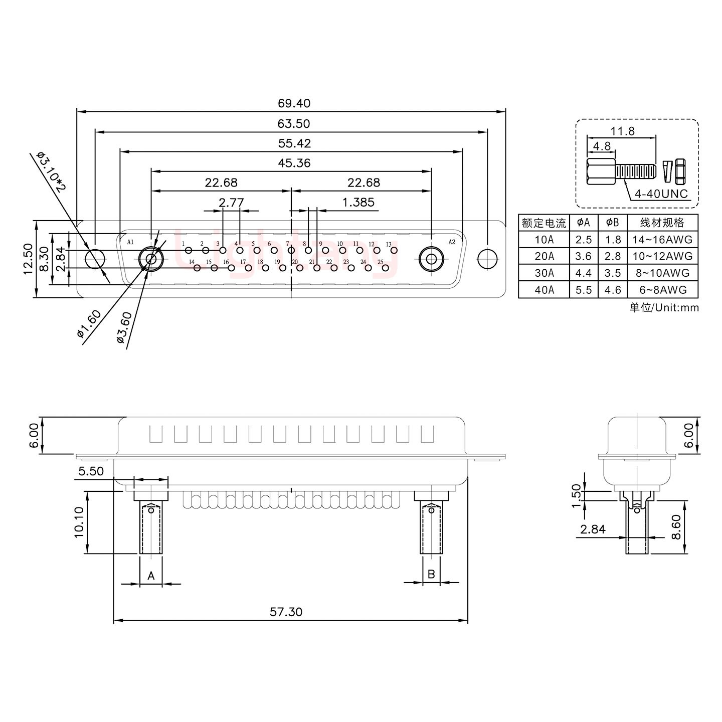 27W2公壓線式/配螺絲螺母/大電流40A