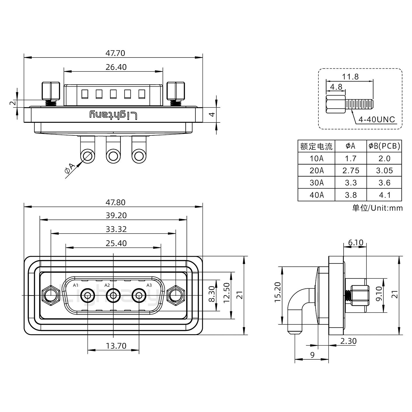 防水3W3公彎插板/鎖螺絲/大電流40A